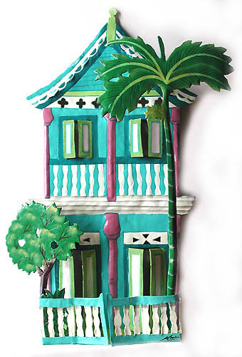 Hand Painted Metal Tropical House Wall Hanging in Turquoise - 11