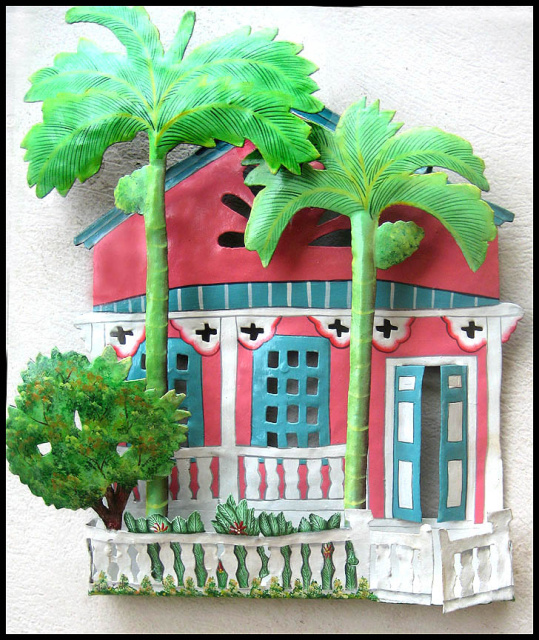 Painted Metal Caribbean Gingerbread House Wall Hanging - Tropical Decor