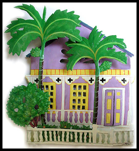 Caribbean House Wall Hanging, Painted Metal Decor, Tropical Decor