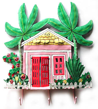 Tropical Caribbean House Wall Hook - Hand Painted Metal - 11" x 13"
