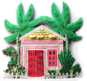 Tropical Caribbean Gingerbread House Wall Hanging - Painted Metal - 11" W  x 10"