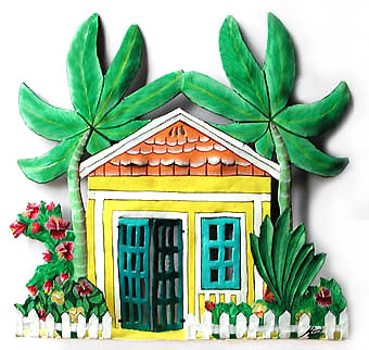 Painted Metal Tropical Design Gingerbread House Wall Hanging - 11" x 10"