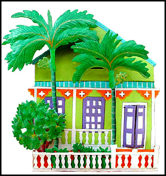 Metal House Wall Hanging - Hand Painted Tropical Design - 13" x 14"