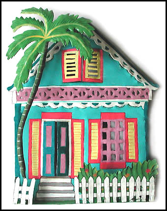 Painted Metal Caribbean House Wall Hanging - Haitian Metal Gingerbread House - 12" x 14"