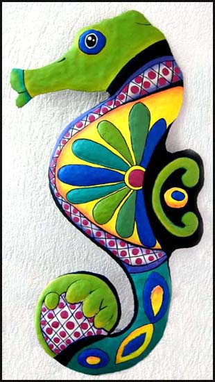 Painted metal seahorse - Haitian steel drum painted art - talavera style