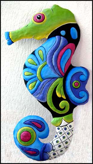 Seahorse - Hand Painted Nautical Metal Wall Hanging - Tropical Art - 13" x 24"