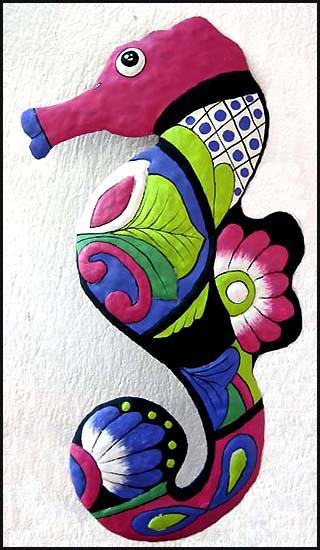 Painted metal seahorse - Haitian steel drum painted art - talavera style