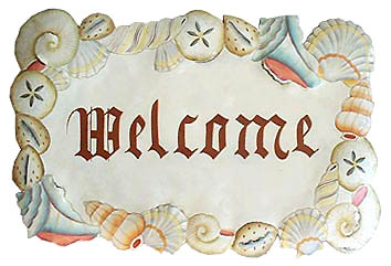 Painted Metal Shell Welcome Sign - Nautical Art - Tropical Design - 11" x 17"