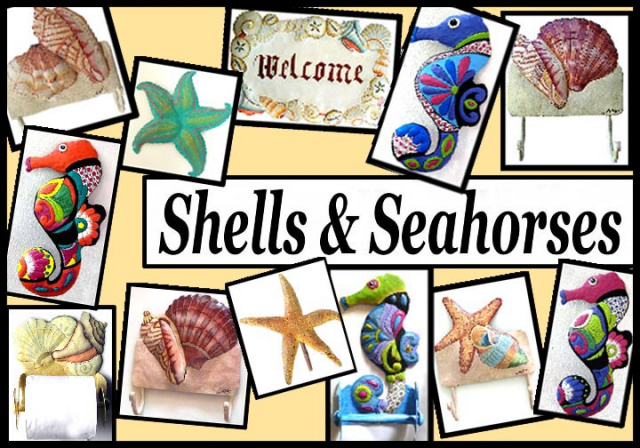 Hand painted metal shells and seahorses - wall art