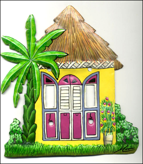Painted Metal Tropical Thatched Roof House Switch Plate Cover - 2 Holes 