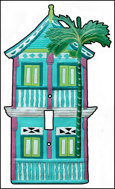 Hand Painted Metal 2 Story Caribbean Gingerbread House Light Switch Cover - Tropical Metal