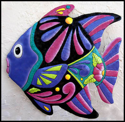 Tropical Fish Wall Hanging, Painted Metal Art, Beach Decor, Tropical Home Decor - 17" x 17" 