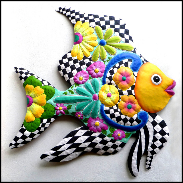 hand painted metal tropical fish wall hanging - funky design