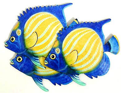 Tropical Wall Art, 3 Blue Ringed Angelfish Tropical Fish, Outdoor Decor Painted Metal Tropical Wall 