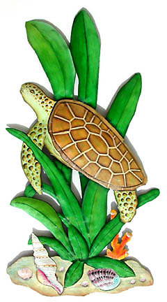 Beautifully Hand Painted Metal Sea Turtle Wall Hanging - 11" x 20"