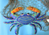 Painted Metal Crab Wall Hanging, Coastal Decorating, Handcrafted Tropical Garden Decor - 34"